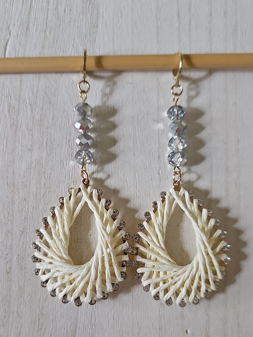 Cream Teardrop Dangle Earrings with Crystal Accents